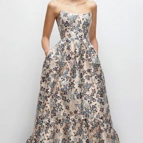 Dessy Collection Indigo Midnight Floral Brocade High-Low Gown 3148GIB - Picture 1 of 6